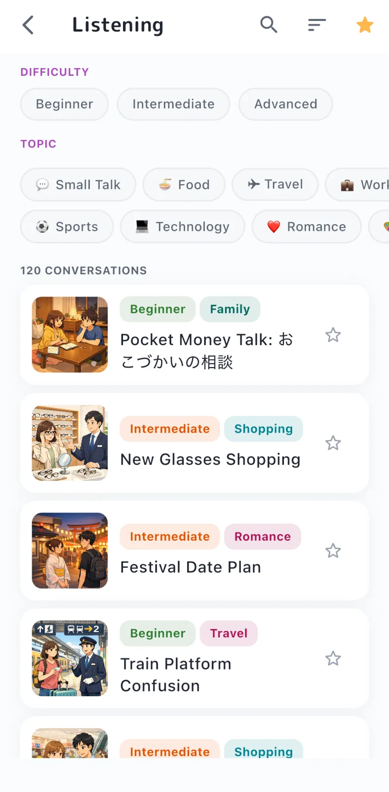The Tangoo listening library, with graded conversations organised by difficulty and topic — over 120 in total.