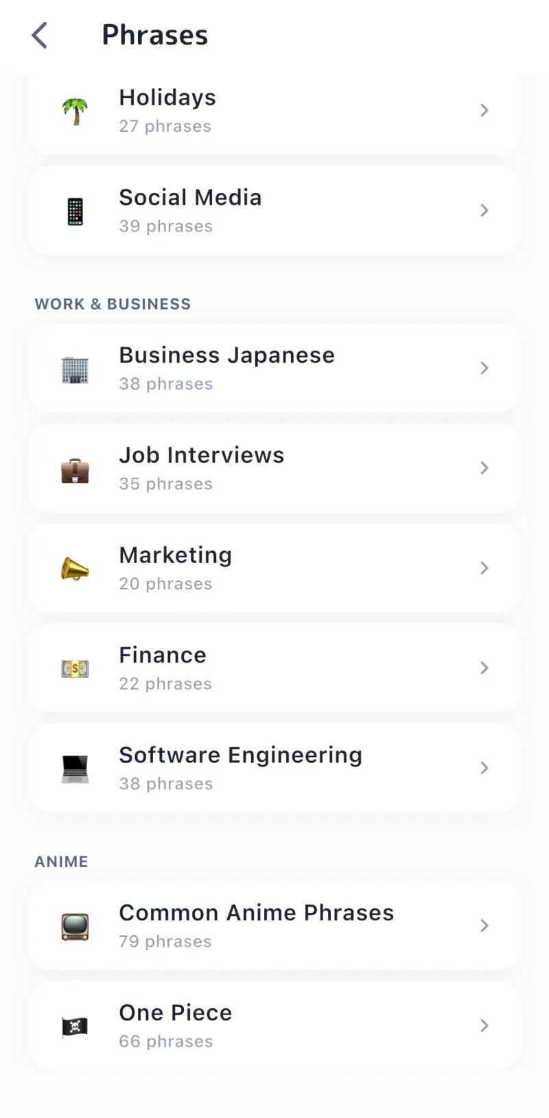 Tangoo's phrase library, with categories like Business Japanese, Job Interviews and Anime.