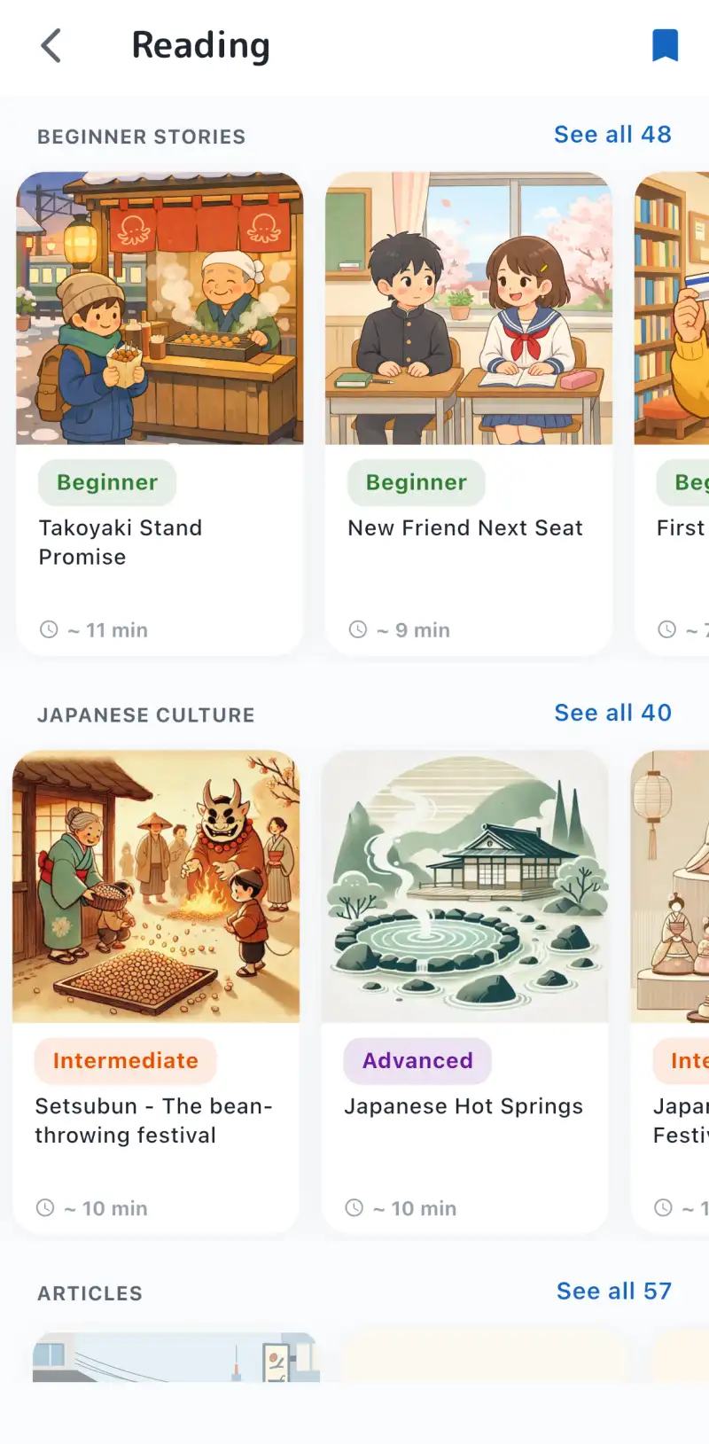 The Tangoo reading library, with graded stories grouped into Beginner Stories, Japanese Culture and Articles.