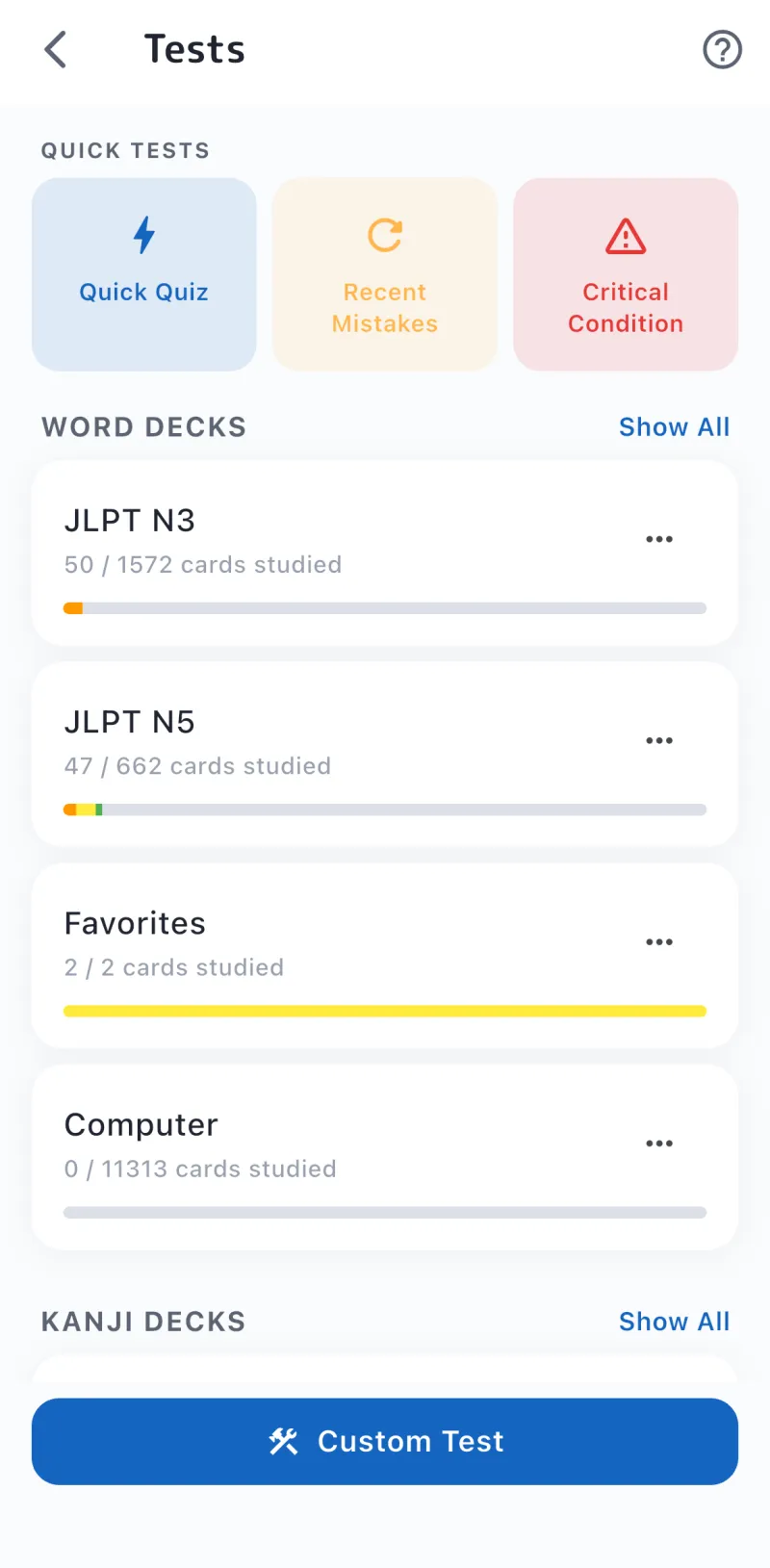 Tangoo's tests screen with Quick Quiz, Recent Mistakes and Critical Condition decks.
